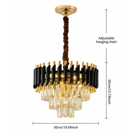 Élégant lustre en cristal noir et dorée Ø60 cm, suspension LED avec 3 couleurs de lumière, à plusieurs niveaux design pour salon