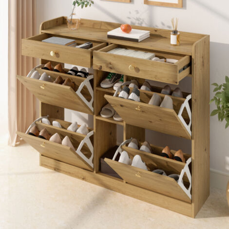 Élégant meuble à chaussures avec 4 portes basculantes, 2 tiroirs et 3 compartiments ouverts – Idéal pour les couloirs et entrées modernes