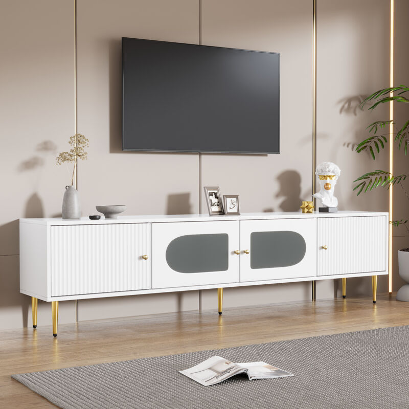 Okwish - légant meuble tv 1703550 cm - corps blanc avec pieds et poignées dorés, 2 portes avec rainures verticales, 2 portes avec verre courbé,