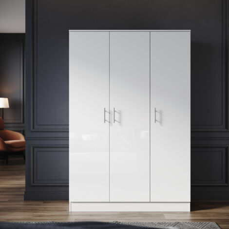 ELEGANT Modern 3 Door Tall Wardrobe White High Gloss Bedroom Furniture 1200 x 500 x 1800mm with Shelves, Metal Handles, Hanging Rail