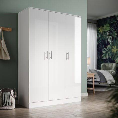 ELEGANT Modern 3 Doors Wardrobes with Hanging Rail and Multi-Layer Storage Space for Bedroom Space Saving Design White High Gloss & Matt