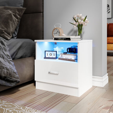 ELEGANT Modern Bedside Table with LED Light and 1 Drawer, Integrated Handle Design, for Bedroom or Home Storage Organizer, White, 450x350x465mm