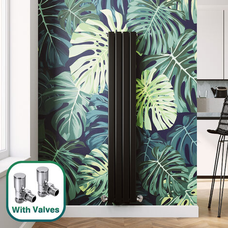 ELEGANT Modern Black Flat Panel Central Heating Radiator 1600 x 272mm Vertical Double Panel Rads + Chrome Angled Radiator Valves
