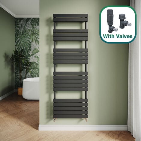 ELEGANT Modern Central Heating Towel Radiator Bathroom Flat Panel Heated Towel Rail 1800x600mm Black + Anthracite Thermostatic Radiator Valves