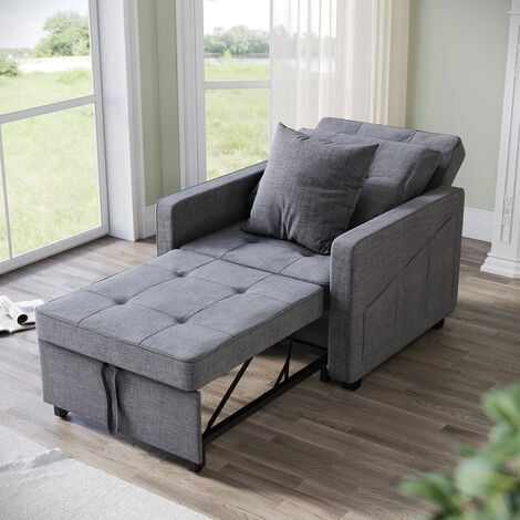 ELEGANT Modern Convertible Sofa Bed 3-in-1 Pull out Arm Chair Folding Recliner Sleeper Single Bed Equipped with Two Pillows, 6-Levels Adjustable, Grey, 81x87x77.5cm