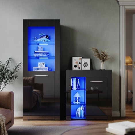 ELEGANT Modern Dispaly Cabinets Living Room Set with RGB LED Lights Cupboard Sideboard Storage Unit Black Gloss Dispaly Cabinet Set 1