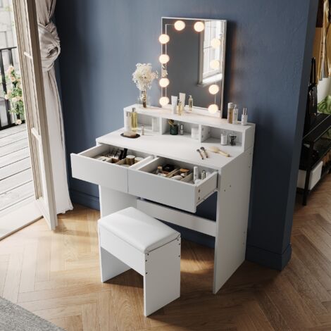 ELEGANT Modern Dressing Table Makeup Vanity Table with Brightness Mirror, 2 Drawers and Open shelves for Bedroom, Dresser Set with Stool + 3-color LED Light