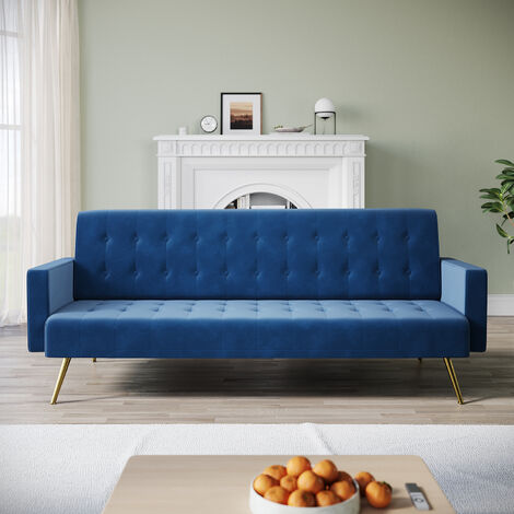 ELEGANT Modern Fabric Sofa Bed Click Clack Sofa Settee Recliner Couch, 3-levels Adjustable, Anti Slip Metal Legs, Velvet Cloth Fabric, Blue, 192x79x75cm