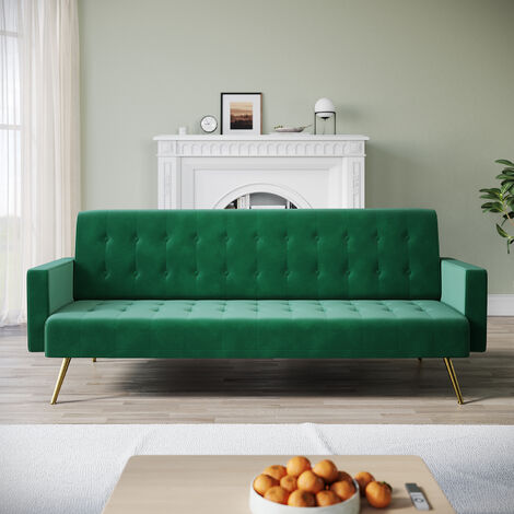 ELEGANT Modern Fabric Sofa Bed Click Clack Sofa Settee Recliner Couch, 3-levels Adjustable, Anti Slip Metal Legs, Velvet Cloth Fabric, Green, 192x79x75cm