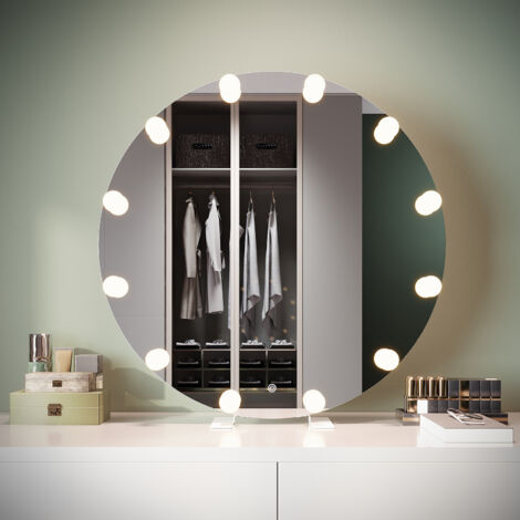 ELEGANT Modern Freestanding Mirrors with Memory Function Dimmable LED 3 Lighting Modes and 16 Removable Light Bulbs, Touch Switch and Built-In Socket, 800 x 800 x 35mm