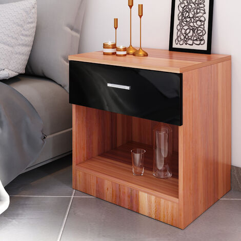 ELEGANT Modern High Gloss Bedside Cabinet Night Stand Storage Shelf with Bin Drawer Black/Walnut