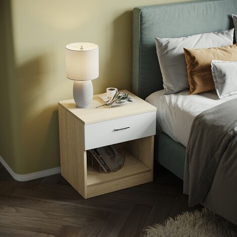 ELEGANT Modern High Gloss Bedside Cabinet Night Stand Storage Shelf with Bin Drawer, for Bedroom or Home Storage Organizer, White/Oak