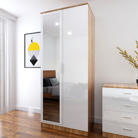 main image of "ELEGANT Modern High Gloss Soft Close 2 Doors Wardrobe with Mirror and Metal Handles Includes a removable hanging rod and storage shelves, White/Oak"