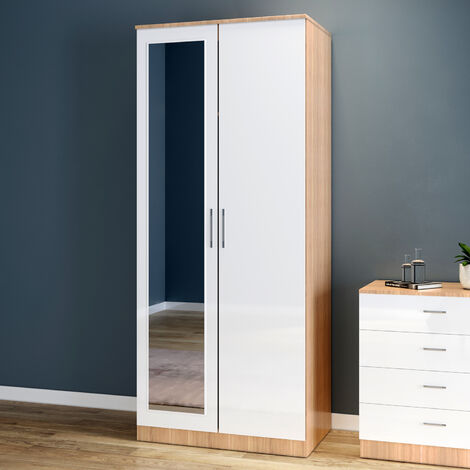 ELEGANT Modern High Gloss Soft Close 2 Doors Wardrobe with Shelf and Hanging Rail Includes Removable Hanging Rod and Storage Shelves, White/Oak with Mirror