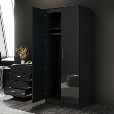 ELEGANT Modern High Gloss Wardrobe Black Bedroom Furniture 2 Doors Wardrobe with Metal Handles, Shelf and Mirror