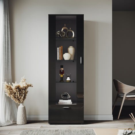 ELEGANT Modern LED Tall Display Cabinet in Black High Gloss 1870 x 600 x 40 mm Cupboard with 5mm Tempered Safety Glass Shelves Sideboard Unit for Living Room