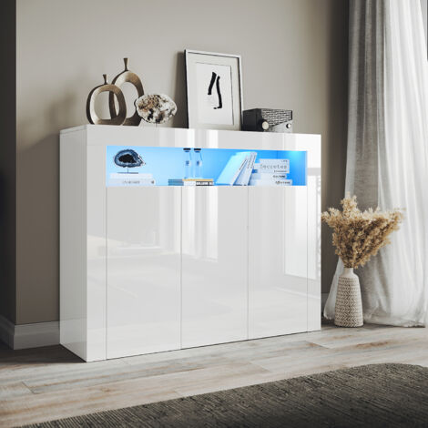 ELEGANT Modern Sideboard Units 3 Door with LED Light, Handleless Design Suitable for Various Home Styles, White, 1160x350x930mm