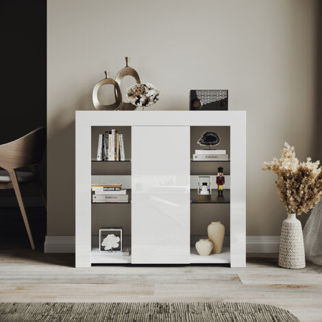 ELEGANT Modern Sideboard Units with 1 Door and LED Light, Open Compartments, Adjustable Tempered Glass Cabinet, White, 900x350x830mm