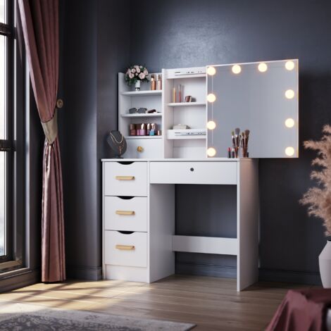 ELEGANT Modern Sliding Mirror Dressing Table 5 Drawers Bedroom White Makeup Desk Vanity Single Table and LED Mirror Lights