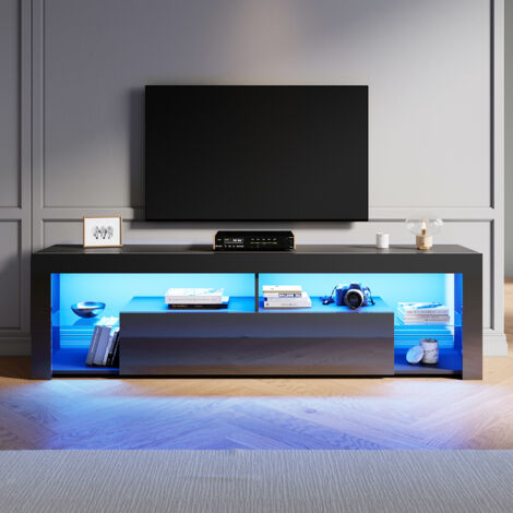 ELEGANT Modern TV Stands with LED Lights, Open Glass Shelves and Flip-Down Door Compartment, Suitable for Living Room and Bedroom, Black, 1800x350x505mm