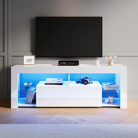 ELEGANT Modern TV Stands with LED Lights, Open Glass Shelves and Flip-Down Door Compartment, Suitable for Living Room and Bedroom, White, 1400x350x505mm