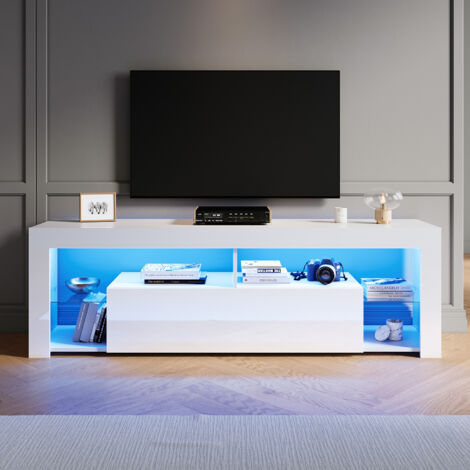 ELEGANT Modern TV Stands with LED Lights, Open Glass Shelves and Flip-Down Door Compartment, Suitable for Living Room and Bedroom, White, 1600x350x505mm