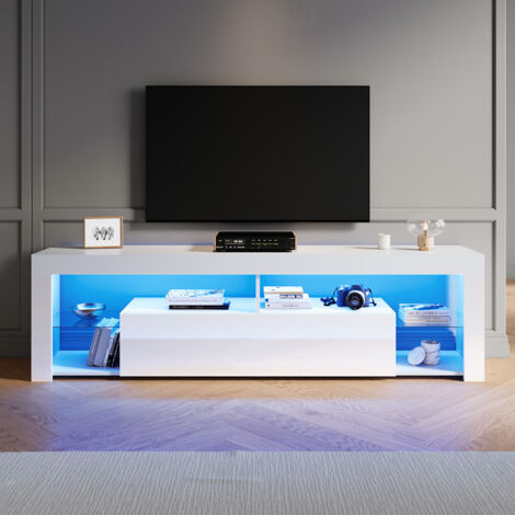 ELEGANT Modern TV Stands with LED Lights, Open Glass Shelves and Flip-Down Door Compartment, Suitable for Living Room and Bedroom, White, 1800x350x505mm