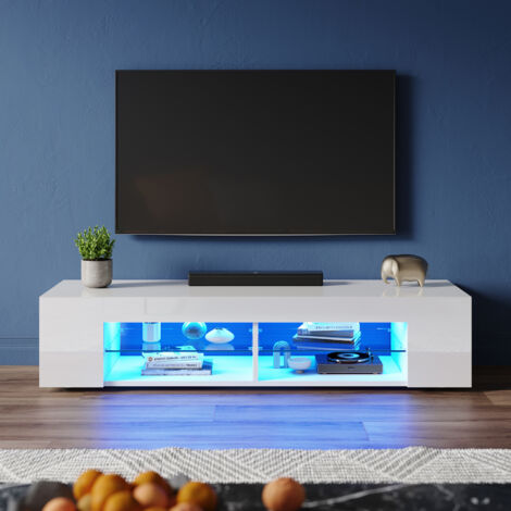 ELEGANT Modern TV Stands with LED Lights, Open Glass Shelves, Suitable for Living Room and Bedroom, White High Gloss, 1350x390x300mm