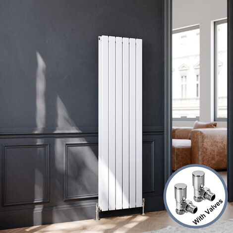 ELEGANT Modern Vertical Radiator White Flat Panel Heating Radiator 1600x452mm Double with Bathroom Angled Radiator Valves