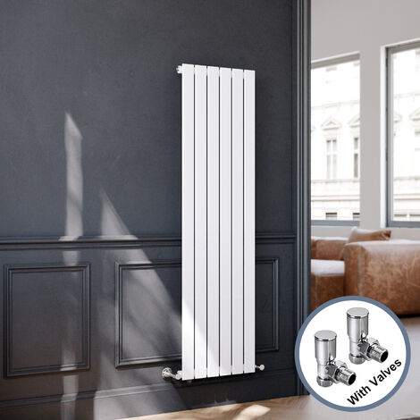 ELEGANT Modern Vertical Radiator White Flat Panel Heating Radiator 1600x452mm Single with Bathroom Angled Radiator Valves