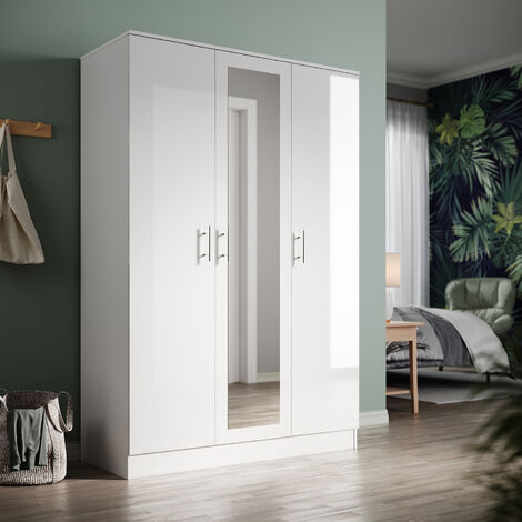 ELEGANT Modern White 3 Doors Wardrobes Bedroom Closet Storage Furniture with Full Length Dressing Mirror and Hanging Rail, High Gloss & Matt