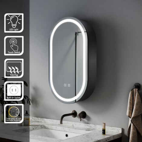 ELEGANT Oval Bathroom LED Mirror 400x700mm with LED Light Demister Shaver Socket Dimmable Mirror Cabinet
