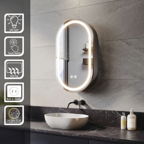 ELEGANT Oval Bathroom LED Mirror Cabinet with Shaver Socket Demister 3 Lighting Modes 400x700mm