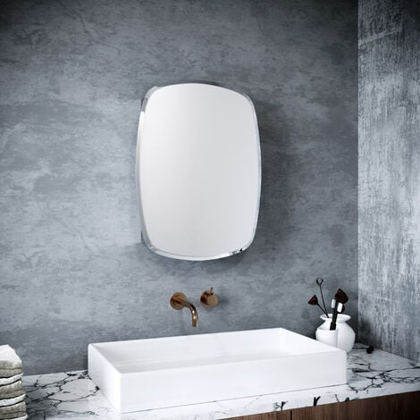 main image of "ELEGANT Oval Shape Single Door Stainless Steel Mirror Cabinet Bathroom Wall Mounted Home Furniture Decorative Stylish Crafted Oblique Glass 600 x 450 mm"