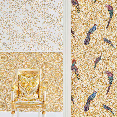 Elégant papier peint style baroque blanc & doré pour salon Tapisserie à motif fleur baroque pour couloir Papiers peints bureau motif