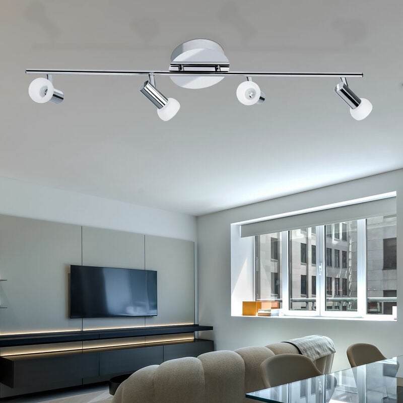 Lampe spot, plafonnier, lampe de salon, salle à manger, spots à 4 flammes, mobile, abat-jour en verre blanc chrome, 4x led 4,6W 229Lm 3000K, LxP