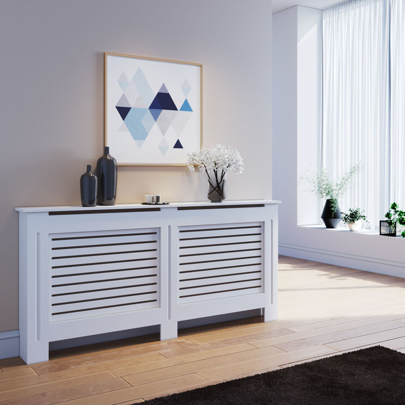 ELEGANT White EXTRA LARGE Radiator Covers Horizontal Slat MDF Paint Cabinet Radiator Shelves for Hallway, Living Room, Bedroom
