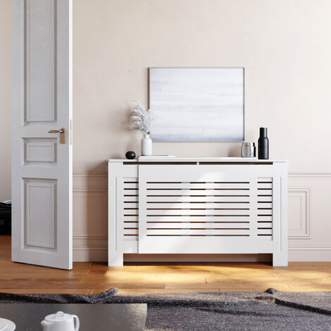 main image of "ELEGANT Radiator Cover Horizontal Slat Radiator Shelve White Painted Modern MDF Cabinet for Living Room Bedroom, Adjustable"
