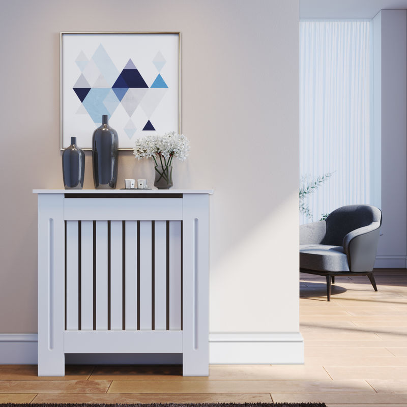 ELEGANT Radiator Covers Small Modern Vertical Slat White Painted Cabinet Radiator Shelve for Living Room/Bedroom/Kitchen, SMALL