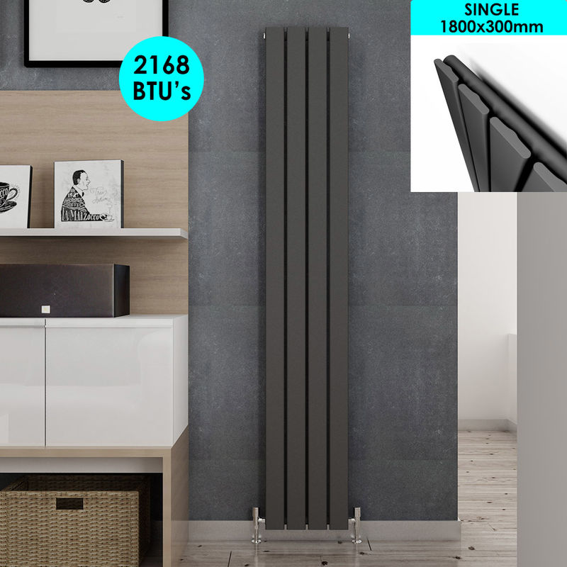 Central Heating Radiators Vertical Anthracite Tall Single Bathroom Kitchen Designer Radiator Flat Panel 1800 x 300 mm - Elegant
