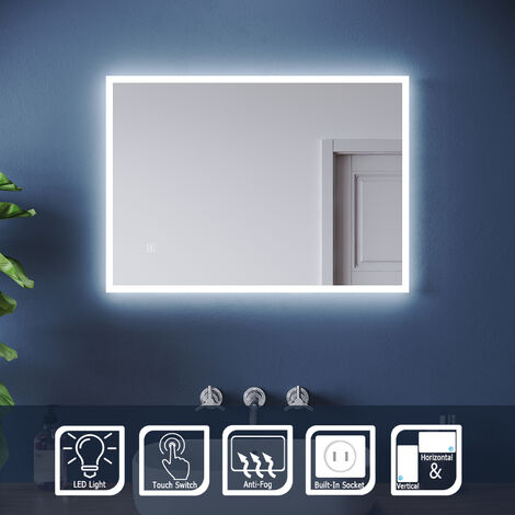 ELEGANT Rectangular Bathroom LED Mirror 500x700mm with Shaver Socket Demister Pad Slimline Bathroom Mirror with Light For Makeup Shaver Charging