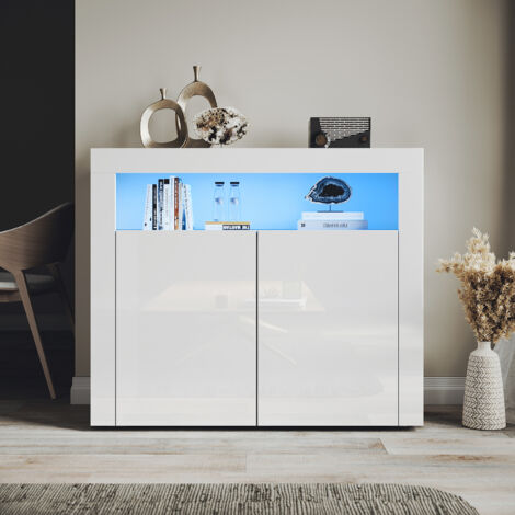 ELEGANT Sideboard Units 2 Door Modern High Gloss Storage Cabinet with LED Light, Handleless Design Suitable for Various Home Styles, White, 1080x400x920mm