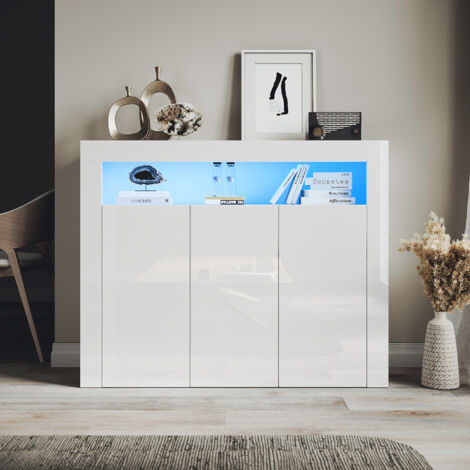 ELEGANT Sideboard Units 3 Door Modern High Gloss Storage Cabinet with LED Light, Handleless Design Suitable for Various Home Styles, White, 1160x350x930mm