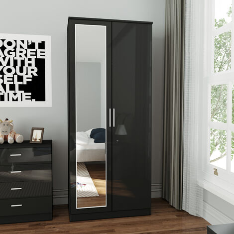 ELEGANT Soft Close 2 Doors Wardrobe with Mirror and Metal Handles Includes a removable hanging rod and storage shelves High Gloss, Black