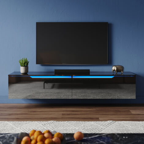 ELEGANT Soft Close TV Stand Modern High Gloss with LED Light and Separate Storage Compartment, Handle-Free Design, Wall-Mounted/Floor Standing, Black, 1600x350x300mm