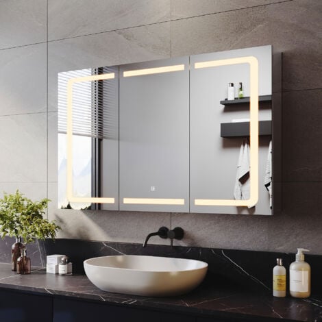 ELEGANT Stainless Steel Bathroom LED Mirror Cabinet, 3-Door Large Capacity Mirror Cabinet with LED Lights and Shaver Socket, 3 Lights Changing Modes 1050x650mm