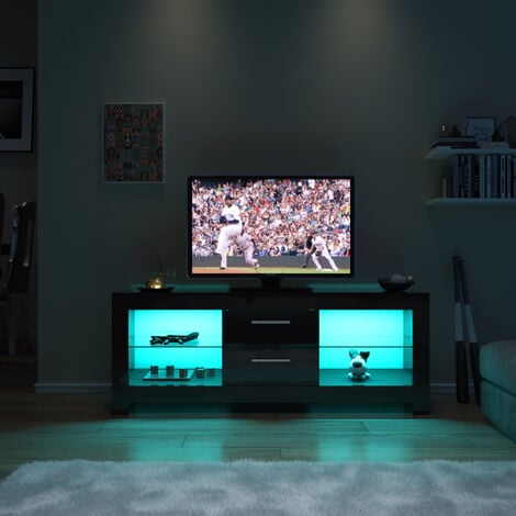 ELEGANT TV Stand 1300mm Black Corner TV Cabinet with RGB Lights High Gloss TV Unit with 2 Glass Shelves and 2 Drawers Entertainment Unit Cupboard