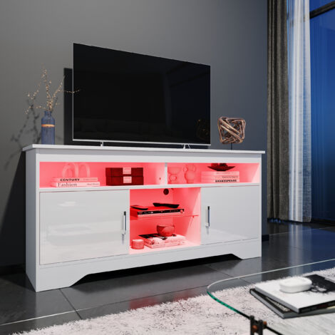 ELEGANT TV Stand 135cm TV Cabinet with LED Light Modern High Gloss White TV Unit with Shelves and Cabinets Up to 55 inch TVs