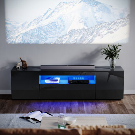 ELEGANT TV Stand Front High Gloss LED TV Cabinet Floor Stand TV Unit with Storage for Bedroom Living Room, 1800mm Black TV Entertainment Unit