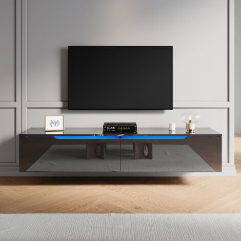 ELEGANT TV Stand Modern High Gloss with LED Light and Separate Storage Compartment, Handle-Free Design, Wall-Mounted/Floor Standing, Black, 1600x350x300mm